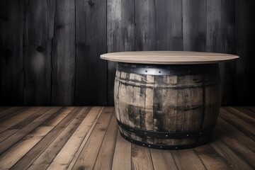 rustic wooden barrel resting on a wooden floor Generative AI