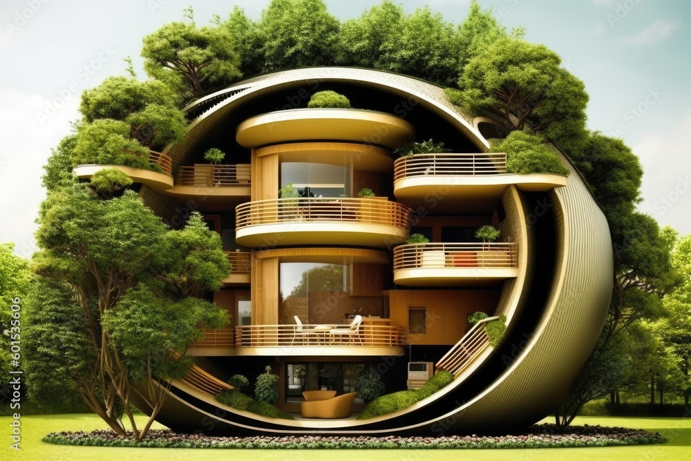 Poster circular building with multiple balconies and levels generative ai