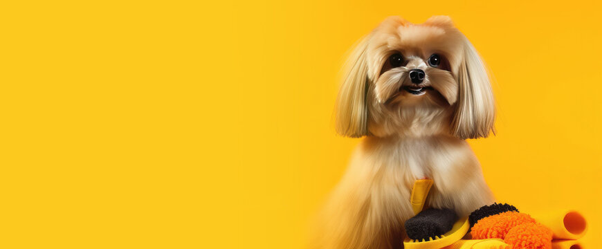 Groomer services concept with dog on orange background Generative AI