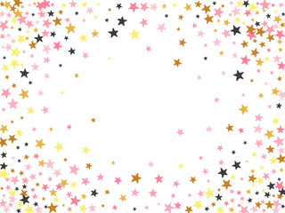 Fototapeta na wymiar Luxury black pink gold stars falling vector wallpaper. Many stardust spangles Christmas decoration elements. Celebration stars falling design. Spangle elements congratulations decor.