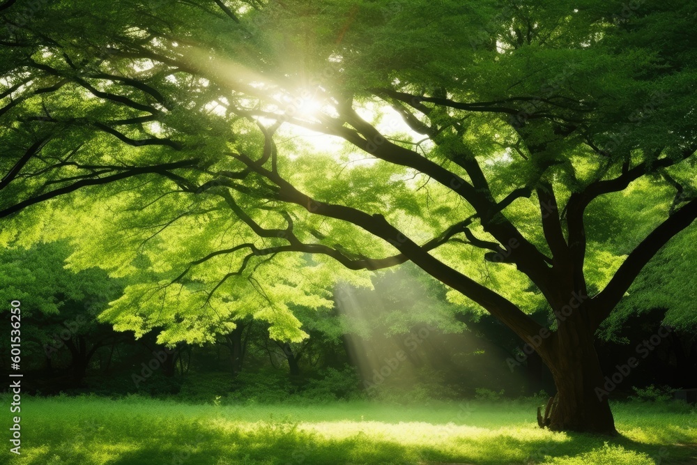 Poster sun rays filtering through the lush green trees in a serene park generative ai