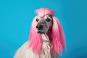 Naklejka premium Afghan Hound with pink fur sitting on turquoise background with free space Generative AI