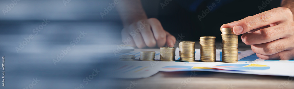 Poster man stacking coins with calculator