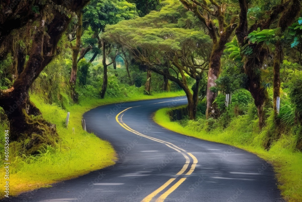 Wall mural scenic winding road surrounded by trees and grass Generative AI