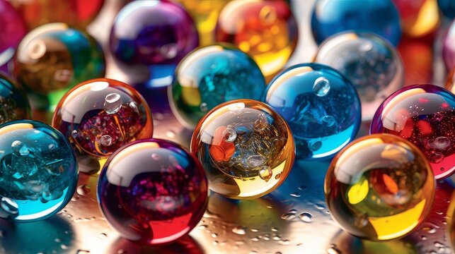 Close up of colourful glass marbles, spheres, balls. Abstract bright background. Ai image