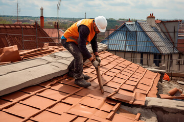 The master repairs the roof tiles of the house. Roofing, repair and renovation work. Generative AI