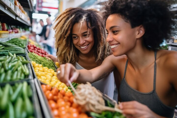 Young lesbian interracial couple smiling in food market, relationship and lifestyle, generative AI person