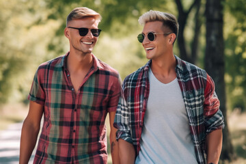 Young gay couple happiness outdoors in the park, modern family relationship love and lifestyle, generative AI person