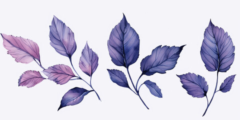 Fototapeta na wymiar simple sketches of leaves in blue-violet colors on a delicate beige-white background. Generative AI