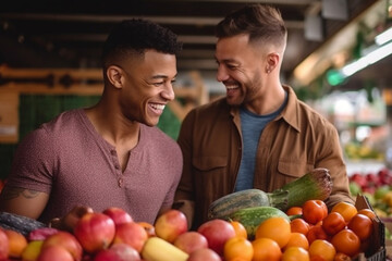 Fototapeta premium Young gay interracial couple smiling in food market, relationship and lifestyle, generative AI person