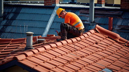 The master repairs the roof tiles of the house. Roofing, repair and renovation work. Generative AI