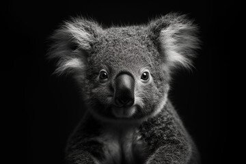 Naklejka na ściany i meble Black and white photorealistic studio portrait of a Koala on black background. Generative AI illustration