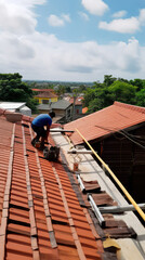 The master repairs the roof tiles of the house. Roofing, repair and renovation work. Generative AI