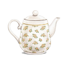 Watercolor vintage porcelain ceramic teapot with floral pattern isolated on white background. Hand drawn illustration sketch