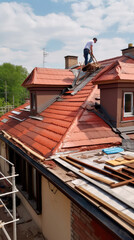 The master repairs the roof tiles of the house. Roofing, repair and renovation work. Generative AI