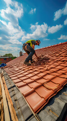 The master repairs the roof tiles of the house. Roofing, repair and renovation work. Generative AI