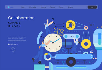 Memphis business illustration. Collaboration -modern flat vector concept illustration of team, people working together on a product mechanism in a factory. Corporate teamwork metaphor.