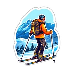 Cartoon sticker of a person skiing over white background. Generative AI illustration