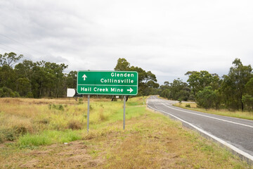 Road sign to Hail Creek Mine in the Bowen Basin, Central Queensland, Australia.