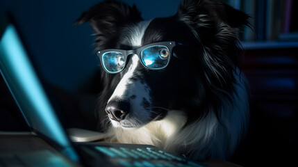 Generative Ai image of a border collie looking at a laptop - obrazy, fototapety, plakaty