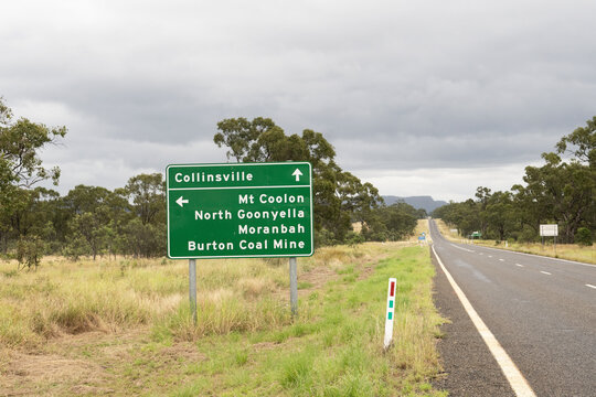 Directional Road Sign For Burton Downs Coal Mine, Moranbah And North Goonyella Mine In The Bowen Basin In Central Queensland, Australia