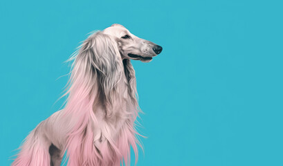 Afghan Hound with pink fur sitting on turquoise background with copy space Generative AI