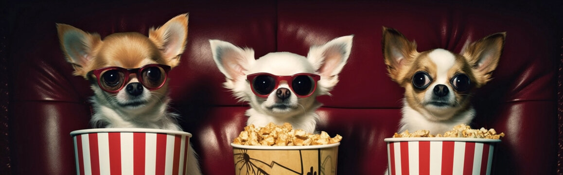 Generative Ai image of cute chihuahuas watching a movie
