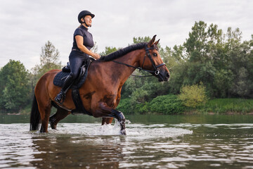 Female horseback rider in a black jockey outfit riding a chestnut horse along the river at sunset....