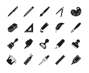 Drawing tools icons black set. Collection of graphic elements for website. Ruler and pencil, pen. Art and creativity equipment. Cartoon flat vector illustrations isolated on white background