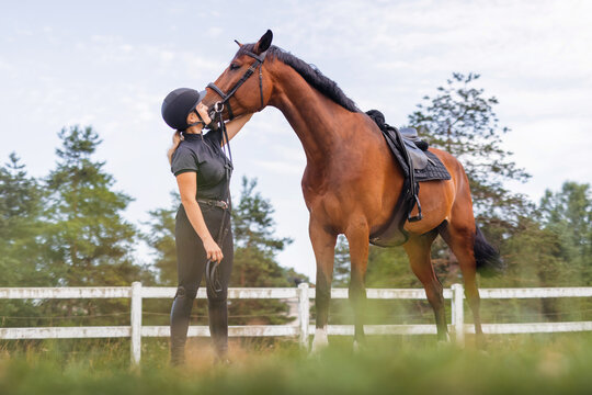 Young female horsewoman petting and bonding with her horse outside in nature