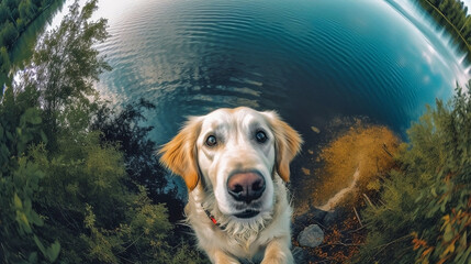 Generative Ai image of a cute golden looking up with a lake background