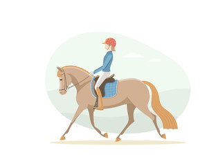 Young riders rides her pony in the park, vector illustration