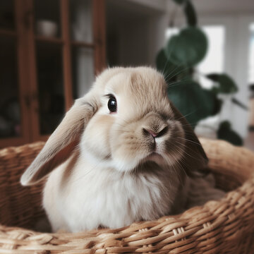 Generative Ai image of a cute rabbit sitting in a basket