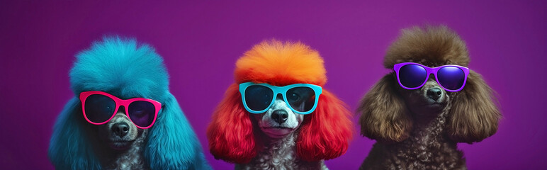 Generative Ai image of poodles wearing colorful sunglasses