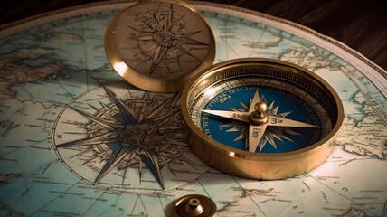 Fototapeta na wymiar Old Antique Compass on a Paper Map Blue Gold background wallpaper, Goals Objectives Purpose Why, True North, Organizational Alignment. Generative AI