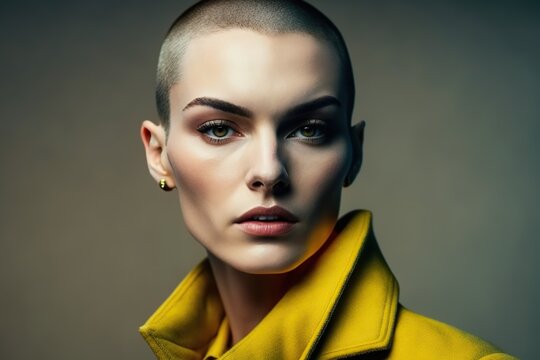 Slim model woman with shaved head , in studio. AI generated.