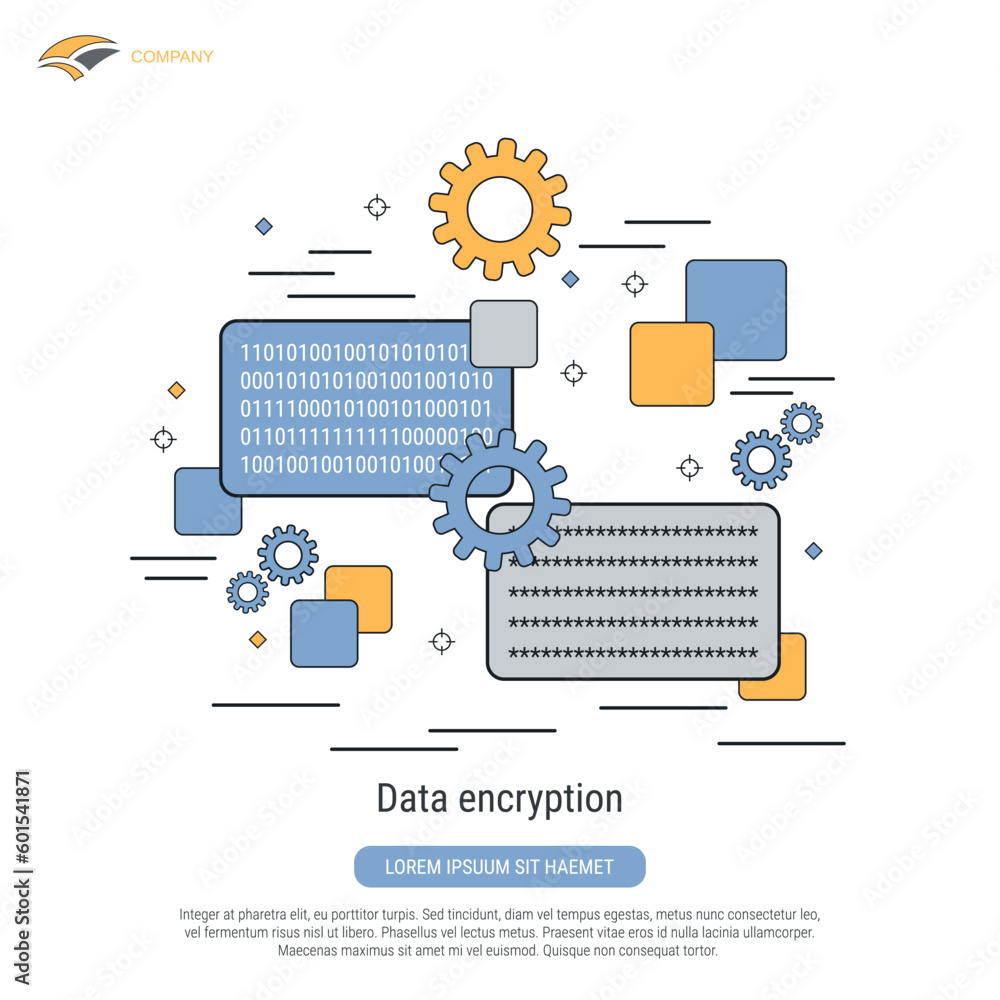 Poster data encryption, information protection, coding flat contour style vector concept illustration