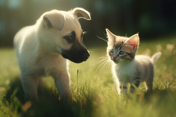Naklejka na ściany i meble Generative AI image of a cute puppy and kitten in a field.