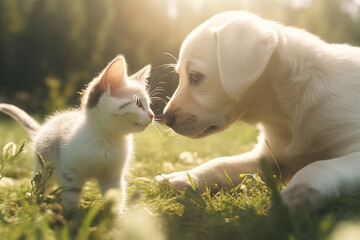 Generative AI image of a cute puppy and kitten in a field. - 601541812