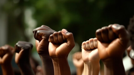 Raised fists in juneteenth and african liberation day celebration. Generative AI - obrazy, fototapety, plakaty