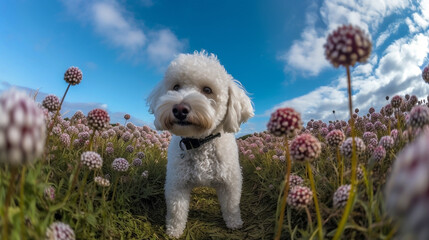 Generative Ai image of a cute poodle surrounded by a field of flowers