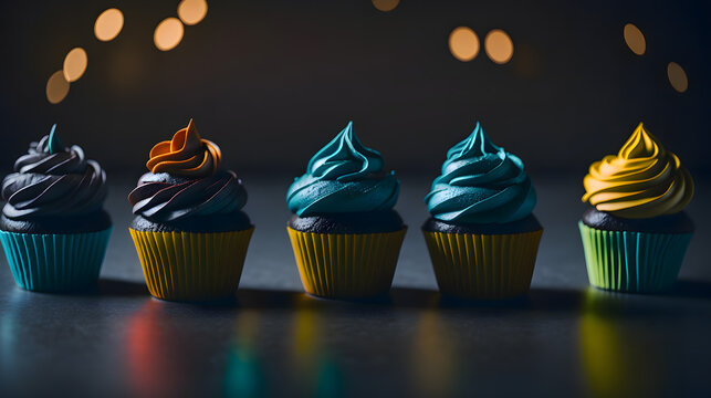 Vibrant Cupcakes with Colorful Toppings on Dark Bukha Background - Generative AI