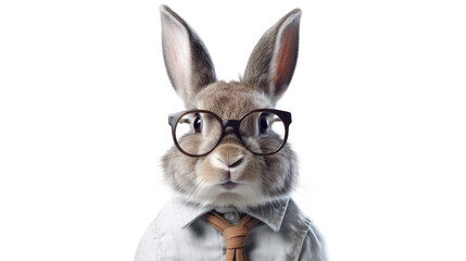 close-up of a rabbit with thin-rimmed glasses looking content isolated on a transparent background, generative ai
