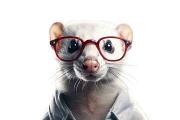 close-up of a smiling ferret with glasses and a contented look isolated on a transparent background, generative ai