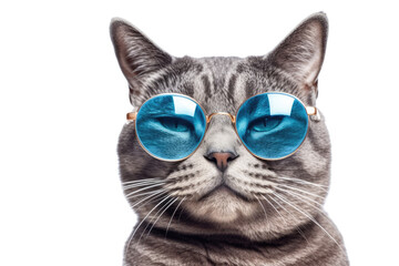 close-up of a smiling tabby cat wearing blue-tinted glasses isolated on a transparent background, generative ai