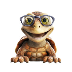 adorable grinning tortoise with small round glasses on its head isolated on a transparent background, generative ai