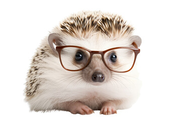 cute hedgehog with small square glasses looking amused isolated on a transparent background, generative ai