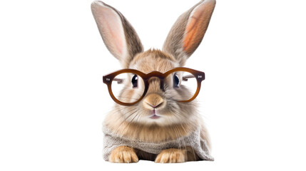 a rabbit with glasses looking content isolated on a transparent background, generative ai