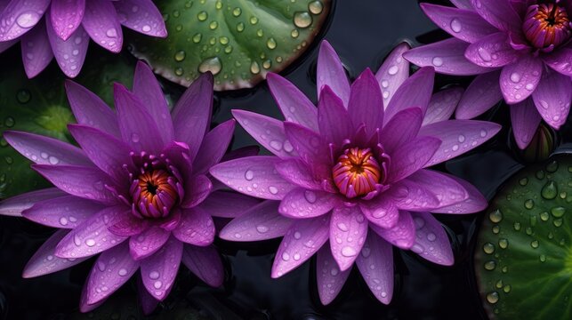 Purple nymphaea, or waterlilies flowers close up. Floral background. AI image