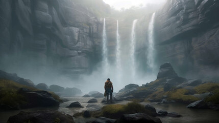 Fantasy Adventurer on the rocky land with high water. AI Generative
